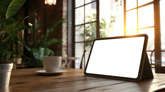 3D rendering of a portable tablet white screen mockup on a wooden table by a large window in a cozy cafe setting