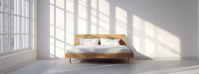 Poster - Minimalist empty room design featuring a wooden bed and white walls 3D rendering