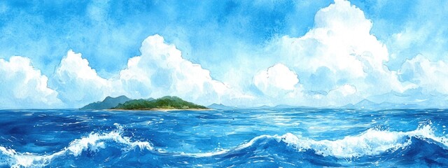 Wall Mural - Watercolor illustration of water waves in a deep blue sea with a small island along the horizon and a sky filled with fluffy white clouds