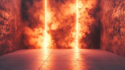 Poster - 3D rendering of an empty wall backdrop with a ray of light smoke and neon illumination creating a magical atmosphere