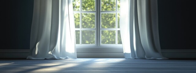 Poster - 3D rendering of an open window with white curtains showcasing a darkened interior with selective focus and noise effect
