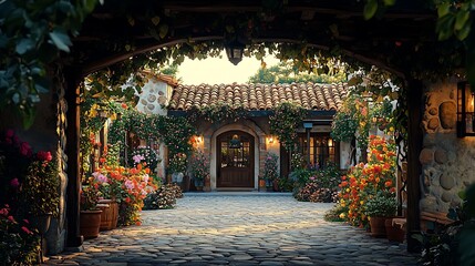 Canvas Print - A charming winery entrance, featuring a rustic wooden sign and an archway adorned with flowers and ivy, a cobblestone path leading through a garden to the entrance,