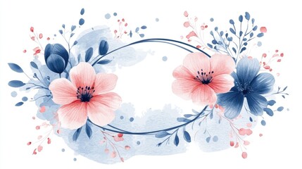 Wall Mural - Watercolor wildflowers and branches in an oval frame featuring pink and blue shades hand drawn and isolated on a white background suitable for greeting cards