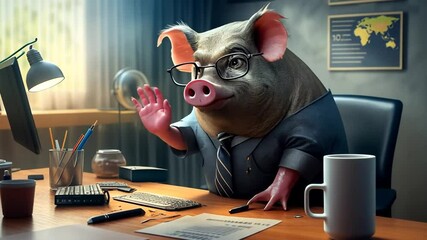 Poster - Pig in a Suit Conducting Business at a Desk in an Office Generative AI