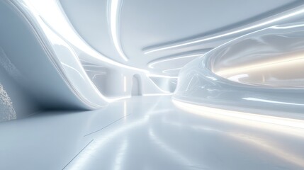 Poster - Abstract white futuristic sci fi interior featuring smooth surfaces and gradient glowing neon tubes 3D rendering