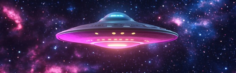 Poster - Colorful cartoon scene featuring a humorous 3D rendering of a galactic alien UFO space craft designed as an isolated illustration for children