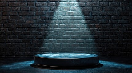 Poster - 3D rendering of a mockup podium for product presentation with a light beam illustration on a brick and dark background
