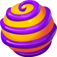 Poster - Cartoon fantasy galaxy alien space planet with yellow surface and purple swirls, floating at starry space. Vector spherical object radiates warm glow, enhancing its otherworldly, fantastical nature