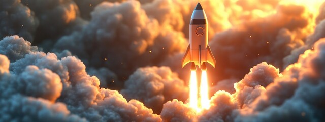 Poster - 3D cartoon depiction of a rocket launch with smoke as it ascends into space The spaceship initiates its mission