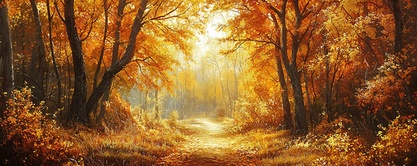 Wall Mural - An enchanting autumnal scene featuring a forest path bathed in the golden hues of fall