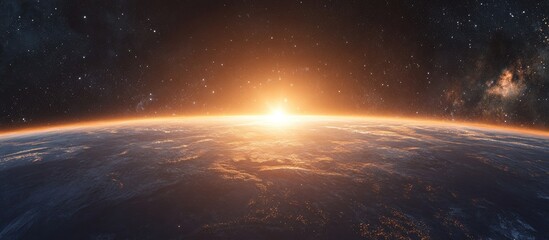 Poster - Panoramic view of the Earth sun stars and galaxy in a 3D cartoon rendering Sunrise as seen from space