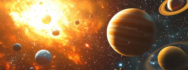 Poster - Vertical view of traveling in the solar system observing multiple stars in 3D cartoon rendering