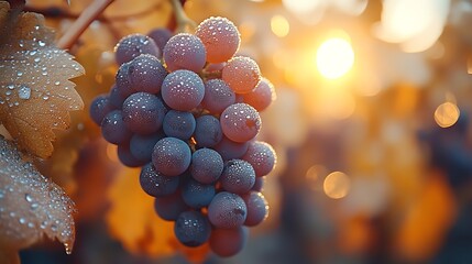 Sticker - A detailed close-up of dew-covered grapes hanging from the vine, the morning light softly illuminating the fruit and leaves, with rich colors and sharp textures, creating a serene and natural scene,