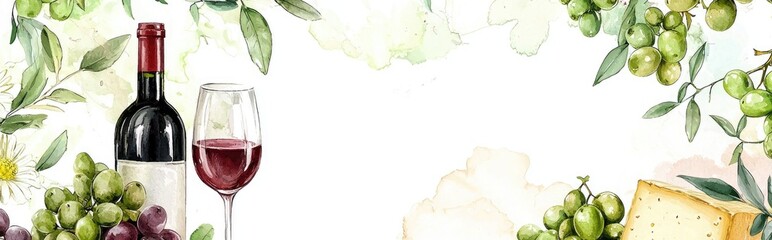 Watercolor template featuring a round card design with food elements Illustrations of a wine bottle and glass olives green grapes cheeses and flowers on a white background