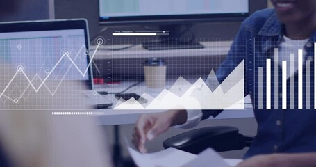 Poster - Graph and chart animation over business people working in office