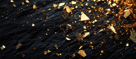 Poster - 3D cartoon depiction of golden flakes scattered on a black surface