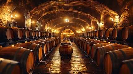 Canvas Print - A dimly lit, historic wine cellar with rows of oak barrels, the warm tones of the wood softly illuminated, creating a rich, atmospheric scene with deep shadows and a sense of quiet solitude,