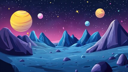 Aufkleber - 2D illustration in a cartoon drawing style featuring 3D cartoon rendering Deep interstellar space with stars planets and moons showcasing various creative science fiction backdrops Imaginary cosmi