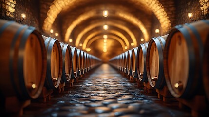 Canvas Print - A dimly lit, rustic wine cellar with rows of oak barrels aging wine, the warm tones of the wood glowing softly under the ambient light, shadows playing across the barrels,