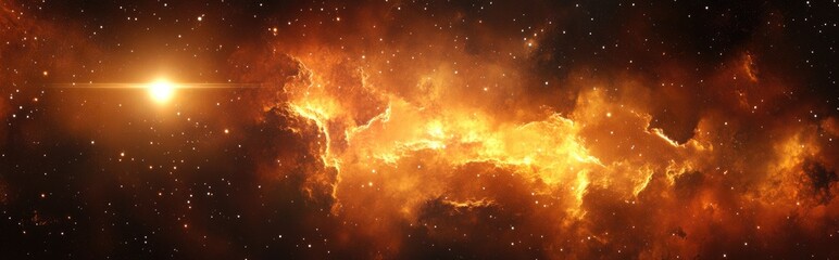 Poster - Universe depicted in a 3D cartoon rendering featuring an interstellar cloud of dust and gas Space background includes sun and stars