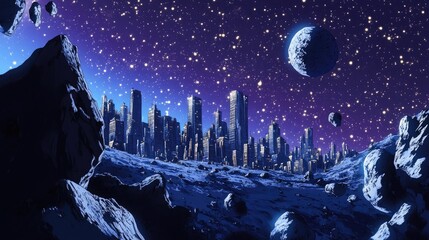 Poster - Cartoon space scene depicting an asteroid s surface with a city designed for children s astronomy illustrations