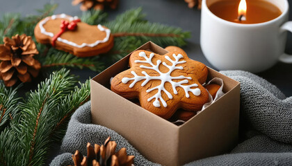 Gingerbread cookies with festive shapes, cozy and seasonal tones, space for text