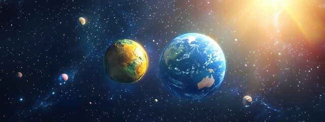Poster - Cartoon style 3D rendering featuring the Earth sun and galaxy