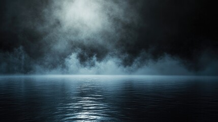 Poster - Dramatic dark backdrop featuring light reflections on water with smoke fog creating an empty futuristic nighttime landscape