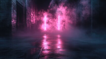Poster - Empty backdrop scene featuring dark street reflections on wet pavement Neon light rays illuminate the darkness creating abstract shapes amidst smoke