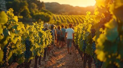 a group of visitors being guided through a picturesque vineyard during a winery tour, the guide expl