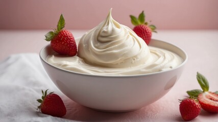 a white cream is in a bowl with a pink background.