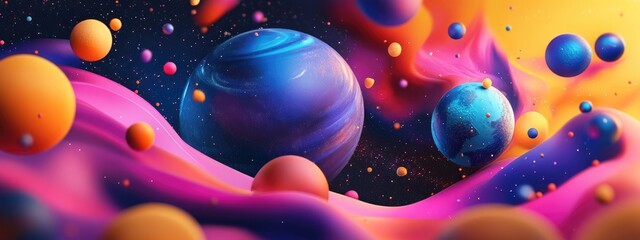 Poster - Geometry illustration of virtual space featuring 3D cartoon rendering This artistic multicolored abstraction includes elements of space planets galaxies stars cosmos seas earth sunsets globes and