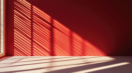 Canvas Print - Minimalist backdrop for product showcase featuring a blank area with window blind shadows against a red wall Design template with a front diagonal perspective