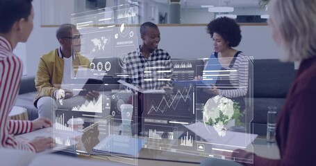 Poster - Business data analytics animation over diverse team discussing in modern office