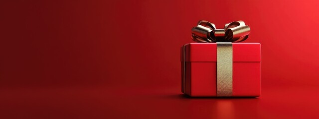 Poster - Minimalist product backdrop for festive and promotional occasions Red gift box adorned with a golden ribbon bow against a red background 3D rendered illustration with clipping path available for e
