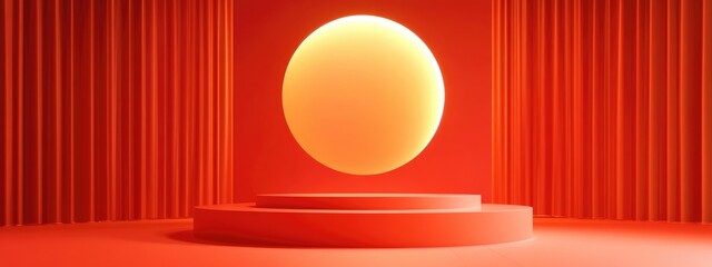 Aufkleber - Neon orange and bright red 3D rendered product display wallpaper featuring a podium or stand ideal for showcasing one or two luxury items against a simple minimal abstract geometric background
