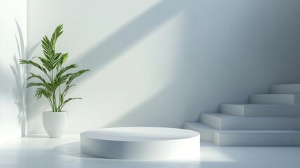 Poster - Cylindrical white podium positioned within a vacant abstract interior featuring a minimalistic design 3D rendered illustration