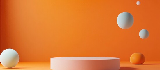 Poster - Minimal abstract composition featuring a podium and floating geometric shapes against an orange backdrop