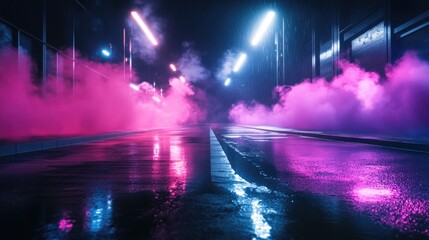 Poster - Empty scene with dark street reflections on wet asphalt Neon light rays illuminate the darkness surrounded by abstract shapes and smoke creating a captivating atmosphere