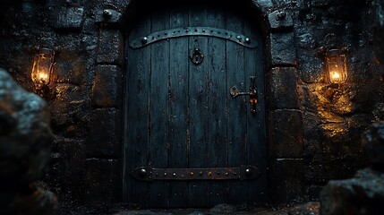 Poster - A moody, close-up view of a heavy wine cellar door, with detailed ironwork and weathered wood, the dim light from within creating a warm, inviting glow, surrounded by rustic stone walls,