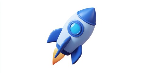 Poster - Startup Rocket Launch icon in 3D cartoon rendering This glyph style design features a flat iconic symbol with rounded angles in cobalt color against a white background