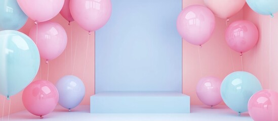 Poster - Minimal product podium stage adorned with geometric pastel balloons for a presentation backdrop Abstract decorative scene template 3D rendering