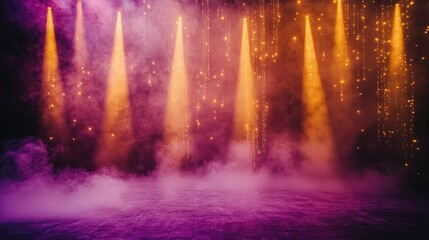 Poster - Empty backdrop with golden bokeh and blurred rays featuring neon light patterns and smoke An abstract representation of a dark stage setting