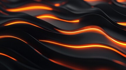 Poster - Futuristic black and orange wallpaper featuring an abstract minimal neon design with glowing wavy lines Dimly lit wall enhanced by LED lights 3D illustration 3D CGI
