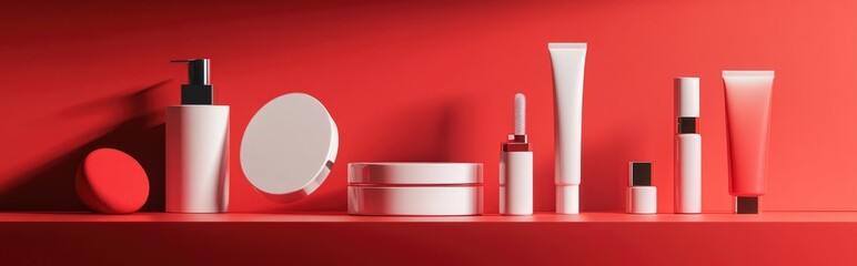 Aufkleber - Cosmetics displayed against a red backdrop 3D rendering design