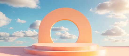 Poster - Podium stage displayed against a peach background featuring blue sky and clouds in a sunny setting 3D render
