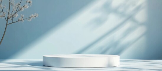 Poster - Empty white podium with geometric shadows against a blue backdrop Mockup display for product presentation 3D render Minimalistic concept Advertising template