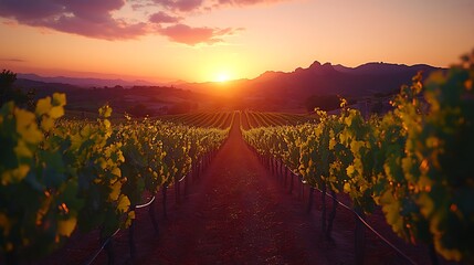 Sticker - A peaceful vineyard at sunset, rows of grapevines glowing in the fading sunlight, with a distant mountain range silhouetted against the colorful sky, soft and warm ambiance, HD quality, rich colors,