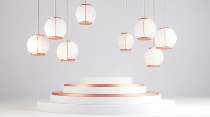 Aufkleber - Rose gold and white lanterns with a podium display set against a white background 3D rendering 3D illustration conveying themes of happiness prosperity and longevity Festive concept