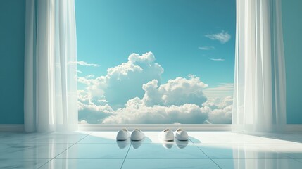 A serene room with curtains blowing in the breeze, revealing a beautiful sky filled with fluffy clouds and a bright horizon.